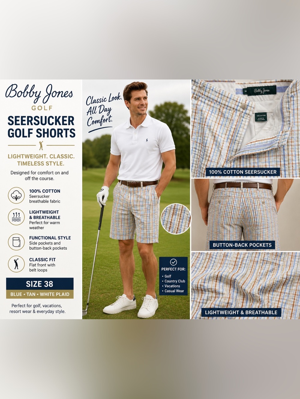 Bobby Jones Men's Seersucker Plaid Golf Shorts Size 38 Blue Tan Flat Front